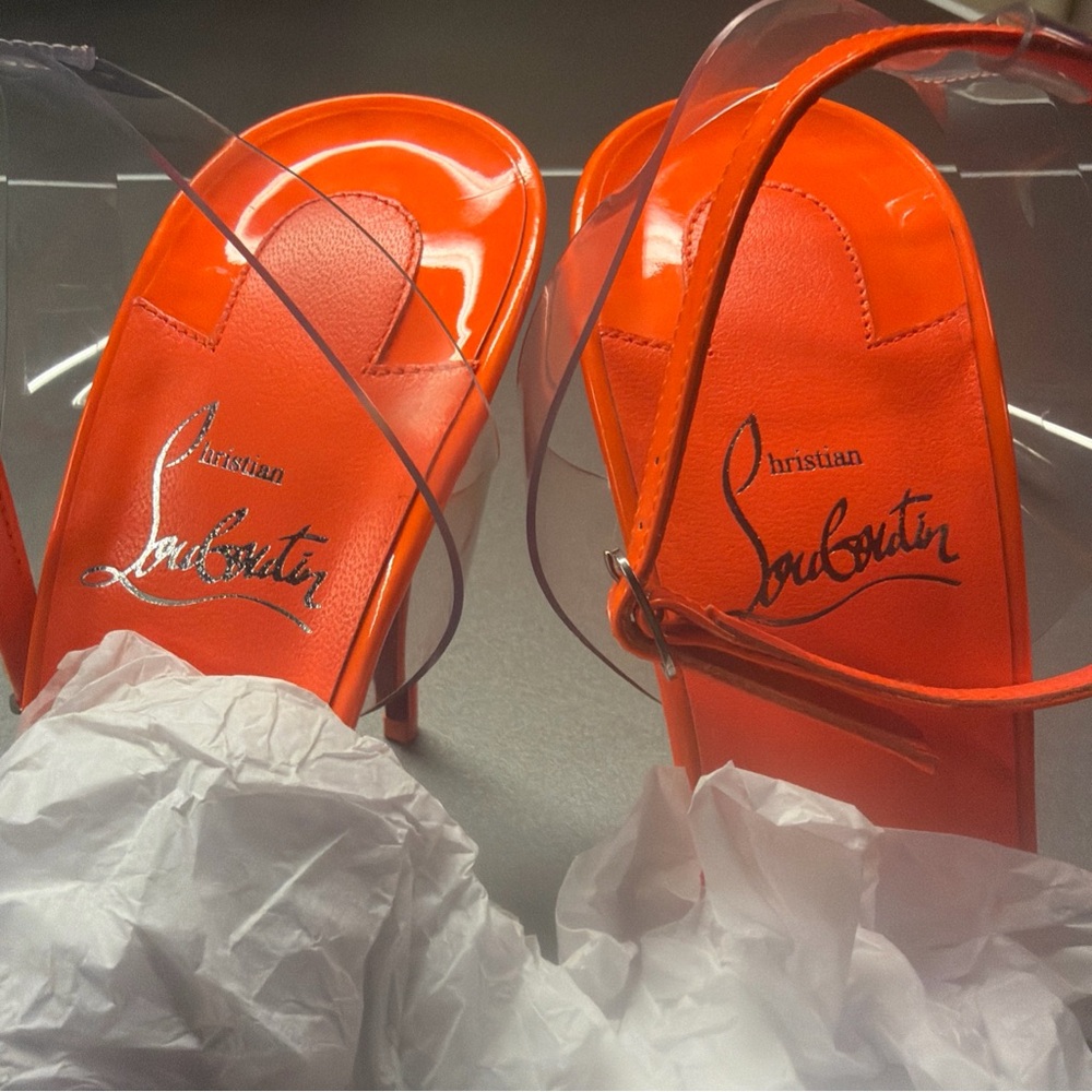 Christian Louboutin Spikoo PVC Fluo Neon Orange AnkleStrap‎ Sandal Pumps NWOT 39 - Picture 7 of 10